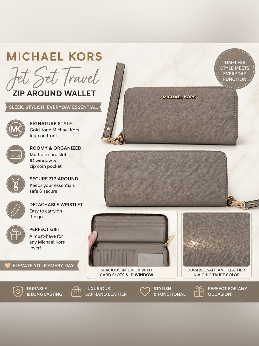 Michael Kors Jet Set Travel Saffiano Zip Around Wallet Wristlet Taupe